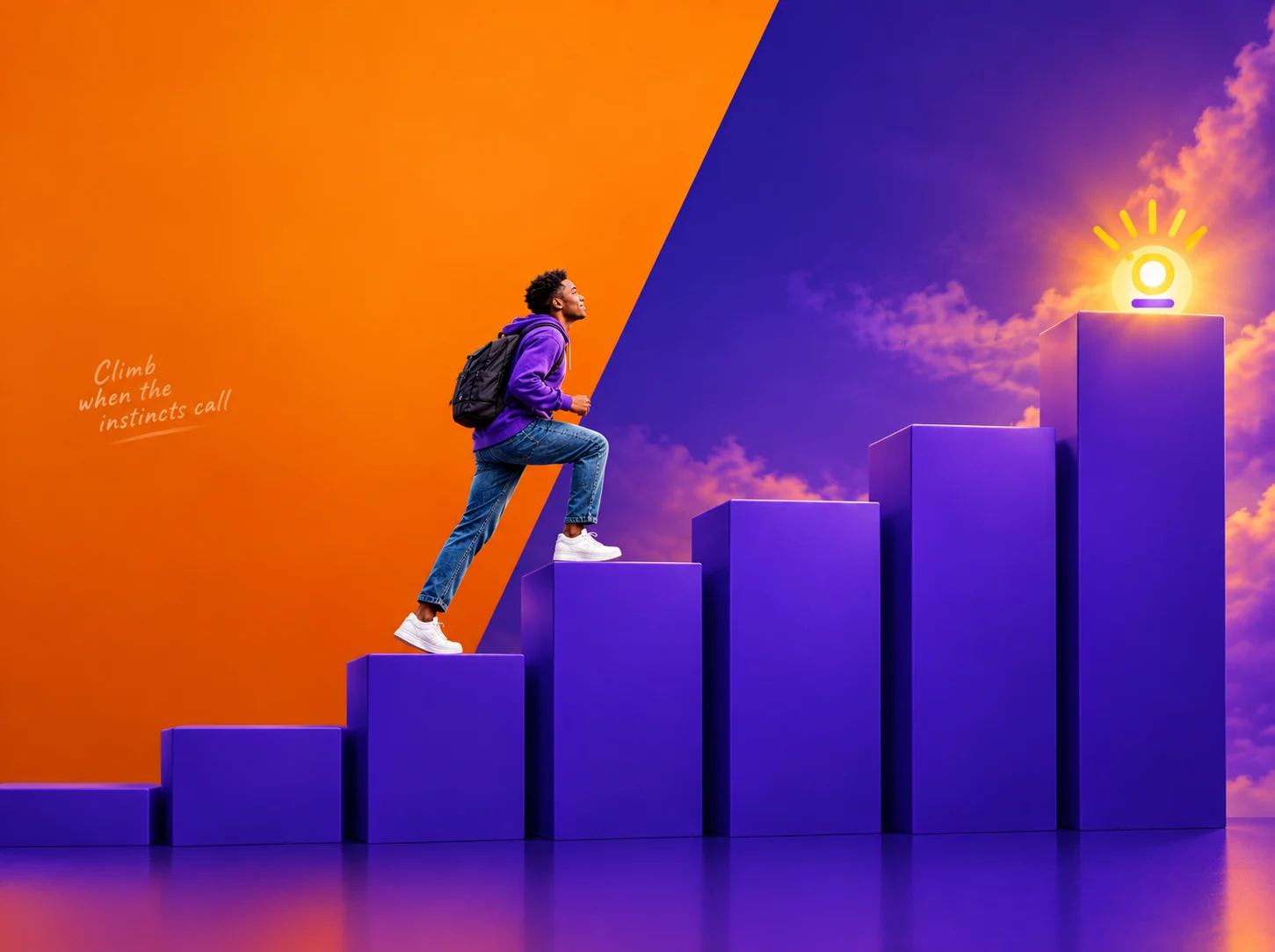 A learner climbing purple steps toward a glowing idea against an orange sky