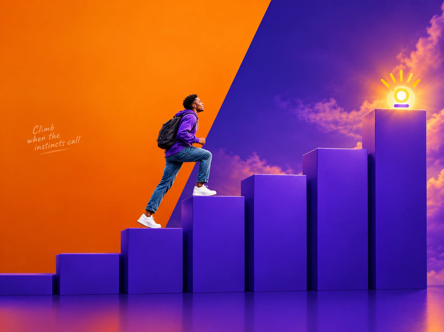 A learner with a backpack climbing purple steps toward a glowing idea against an orange and purple sky