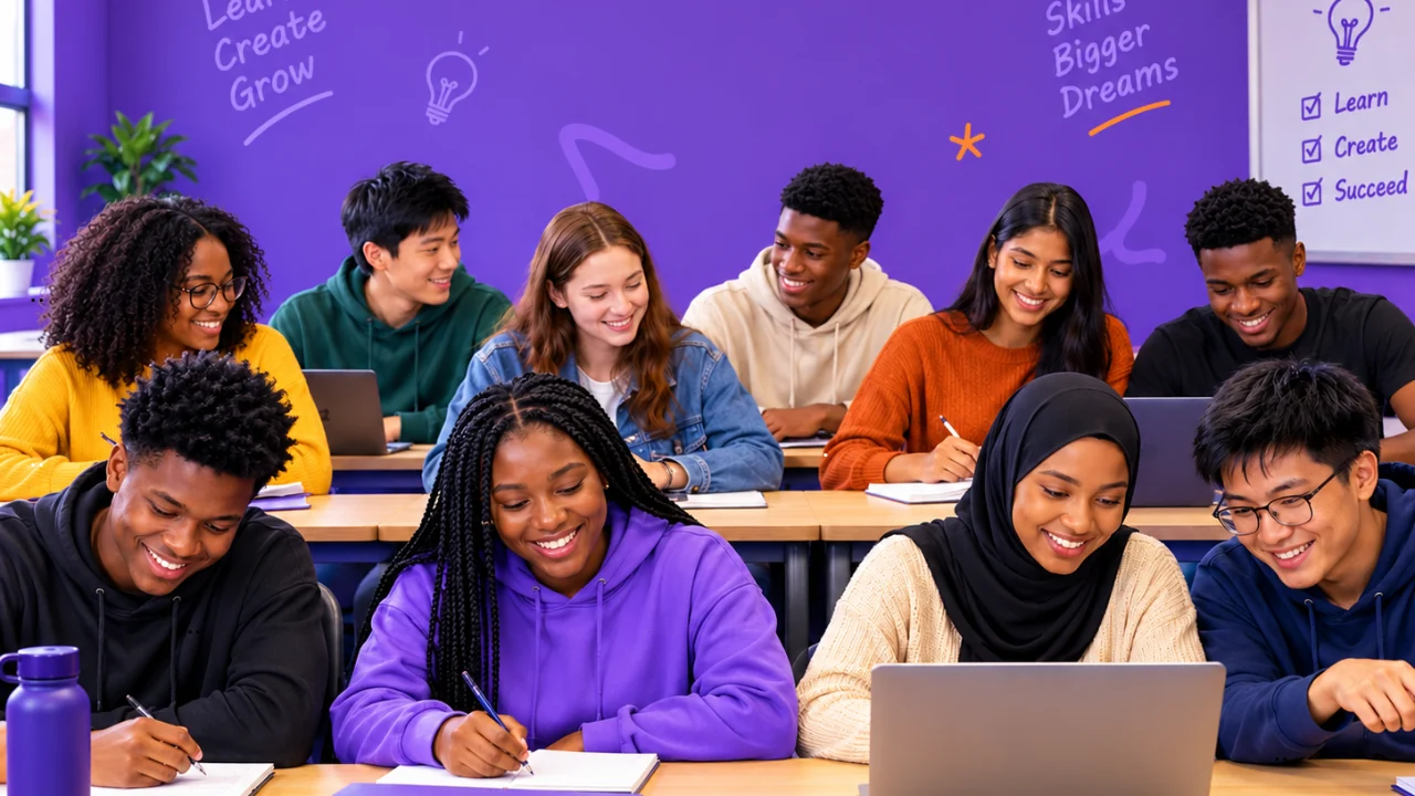 A diverse group of learners sharing a purple classroom with laptops and notebooks