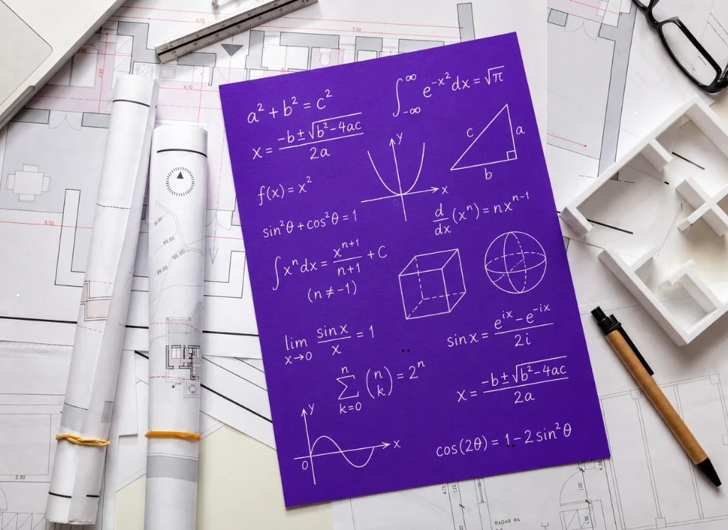 A purple sheet of equations surrounded by plans, a ruler and a pencil