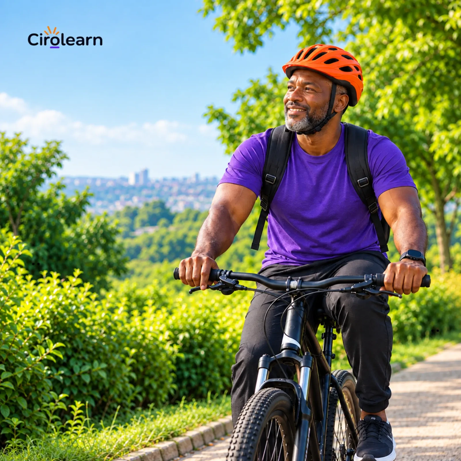 A smiling adult cyclist in a purple shirt and orange helmet on a sunny tree-lined path