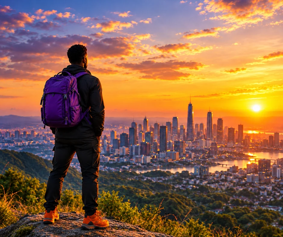 A person with a purple backpack looking across a city skyline at sunset