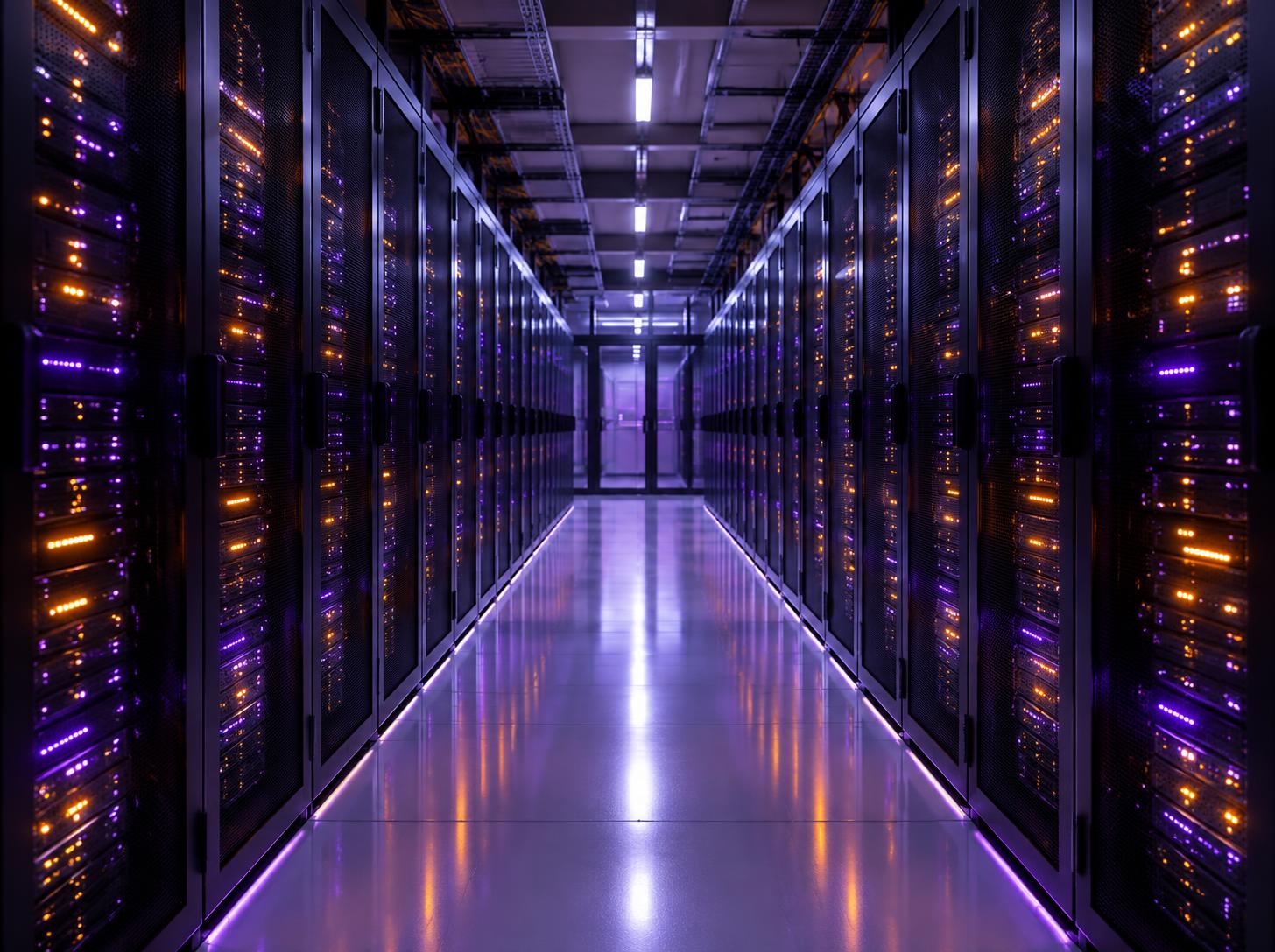 A glowing data-centre corridor — the engine room that keeps every Cirolearn class, recording and certificate running